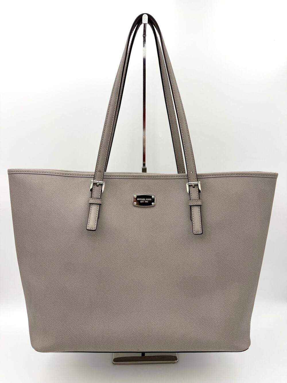 Michael Kors Tote Bag Grey Saffiano Leather Logo Plaque Pockets